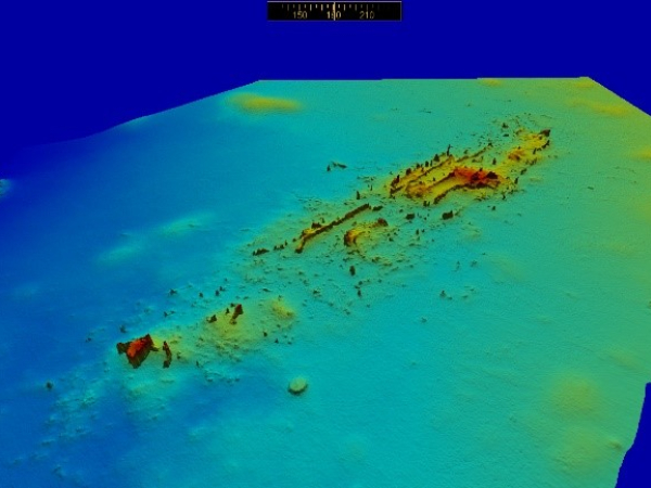 Wrak okrętu szpitalnego „Stuttgart” z Zatoki Puckiej; dane MBES z Reson SeaBat 7125